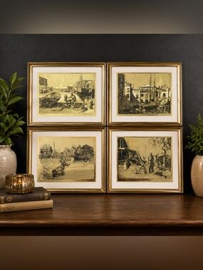 Vintage Set of 4 Lionel Barrymore Gold Foil Etching Prints